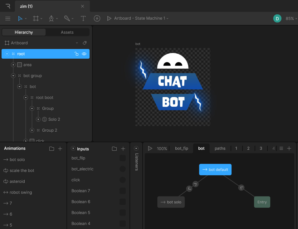 ZIM with Rive embeded for Rive App interactive graphics animation